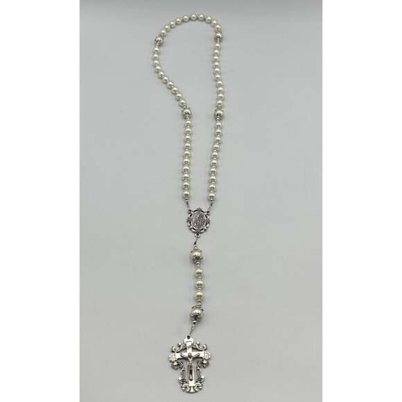 Vintage Rosary Necklace Faux Pearl Silver Tone Ornate Cross Religious Beaded - Picture 8 of 11